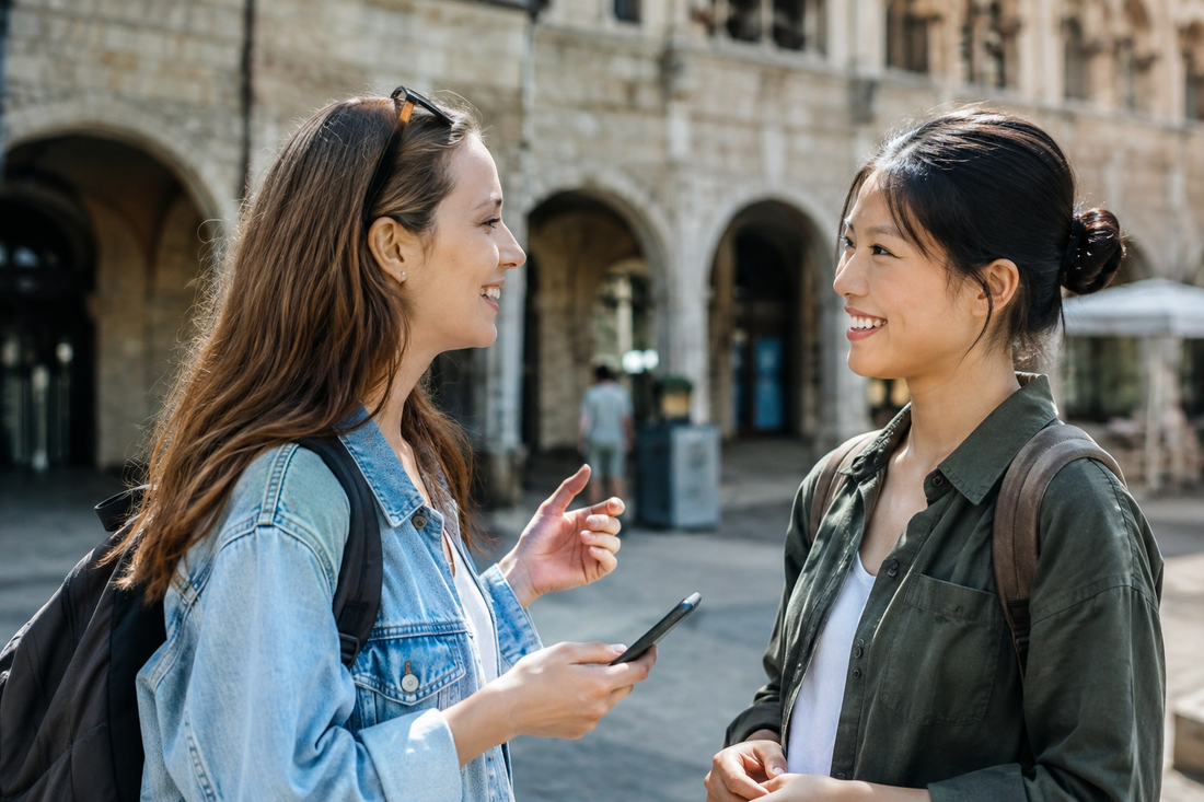 Two women conversing outdoors, showcasing the benefits of best translation apps for travel.