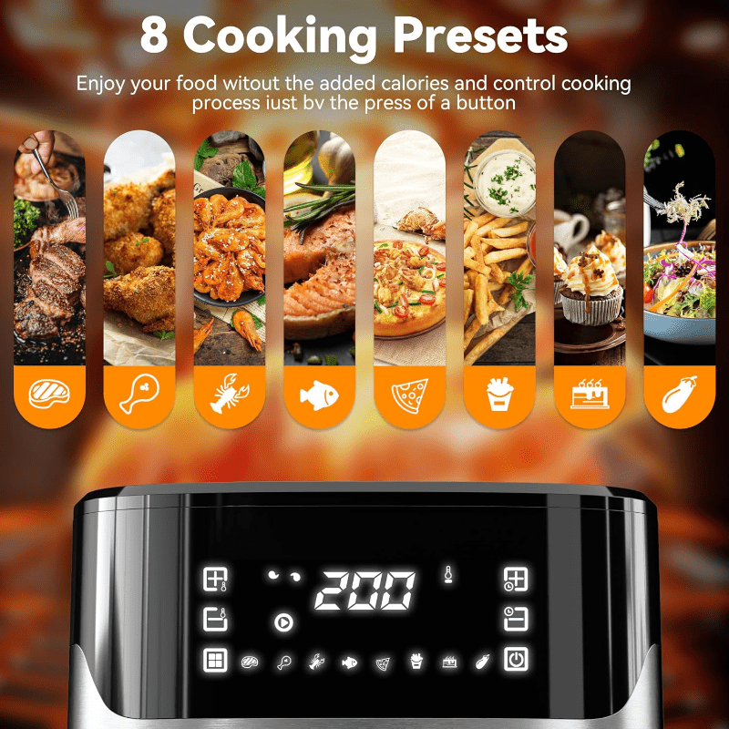  Stainless Air Fryer with digital touch screen and 6.5L capacity, perfect for oil-free cooking.