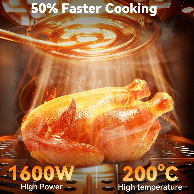 Stainless Air Fryer cooking chicken at 200°C and 1600W power for faster meal preparation.