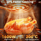 Stainless Air Fryer cooking chicken at 200°C and 1600W power for faster meal preparation.