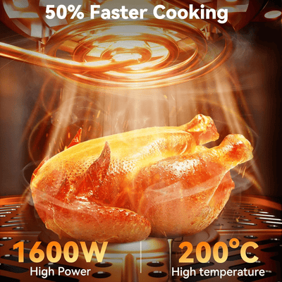 Stainless Air Fryer cooking chicken at 200°C and 1600W power for faster meal preparation.