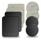 Set of metal mounting plates for Magnetic Car Phone Holder, including various shapes and sizes for universal compatibility.