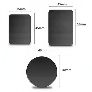 Set of metal mounting plates for Magnetic Car Phone Holder, including various shapes and sizes for universal compatibility.