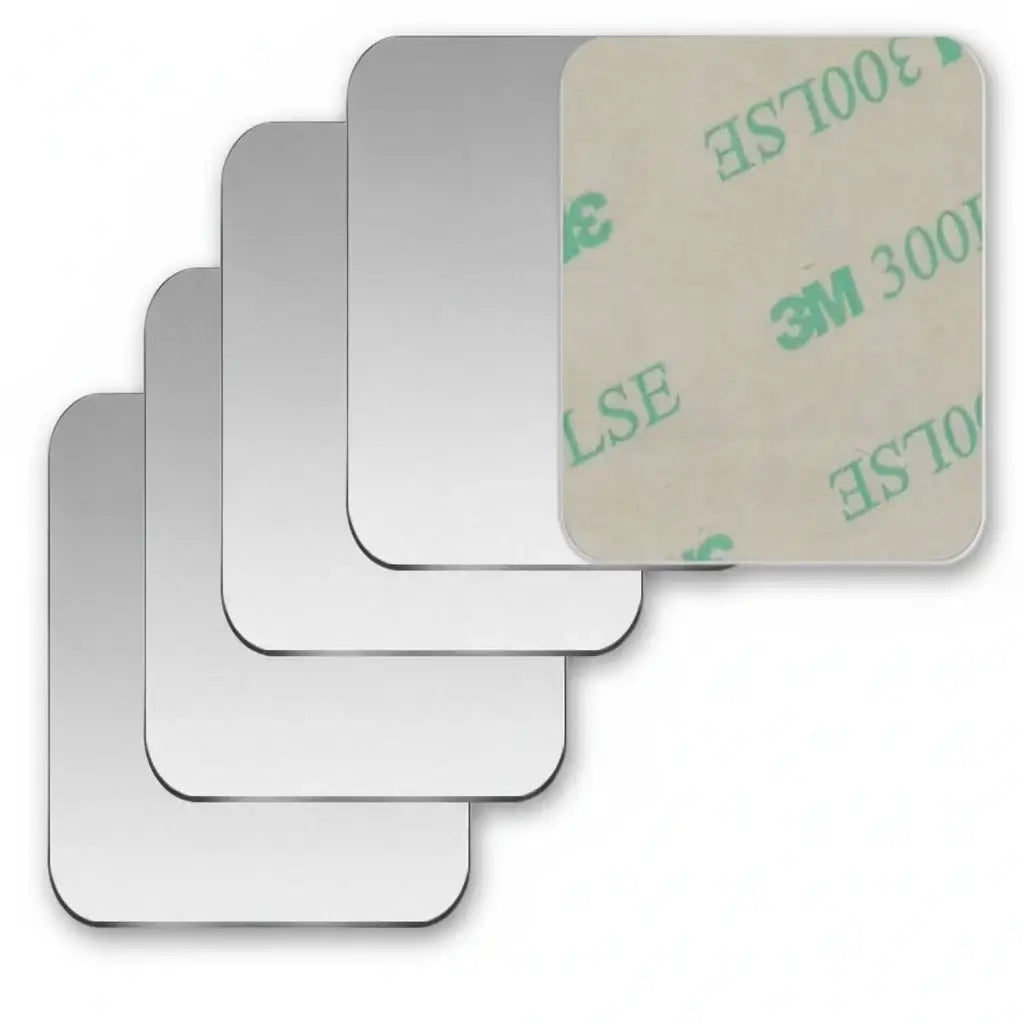 Set of metal mounting plates for Magnetic Car Phone Holder, including various shapes and sizes for universal compatibility.