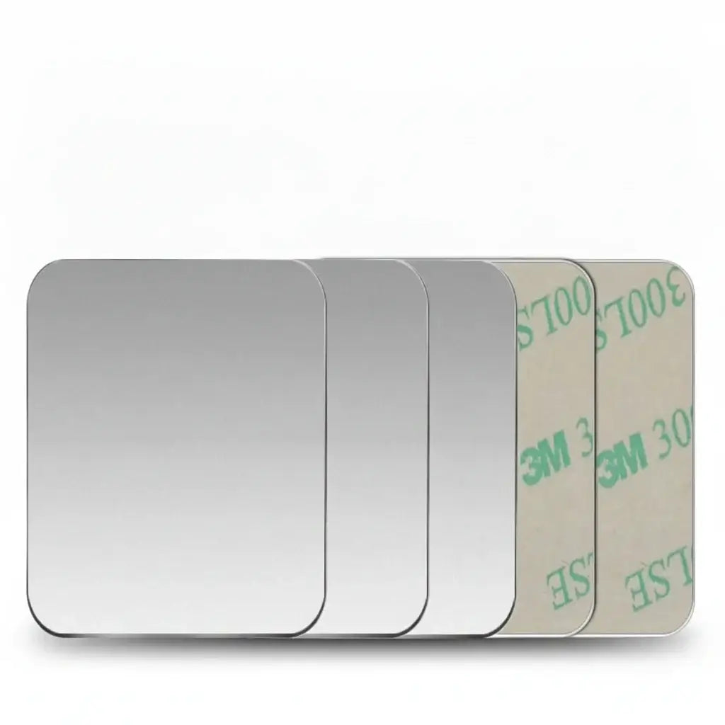 Set of metal mounting plates for Magnetic Car Phone Holder, including various shapes and sizes for universal compatibility.