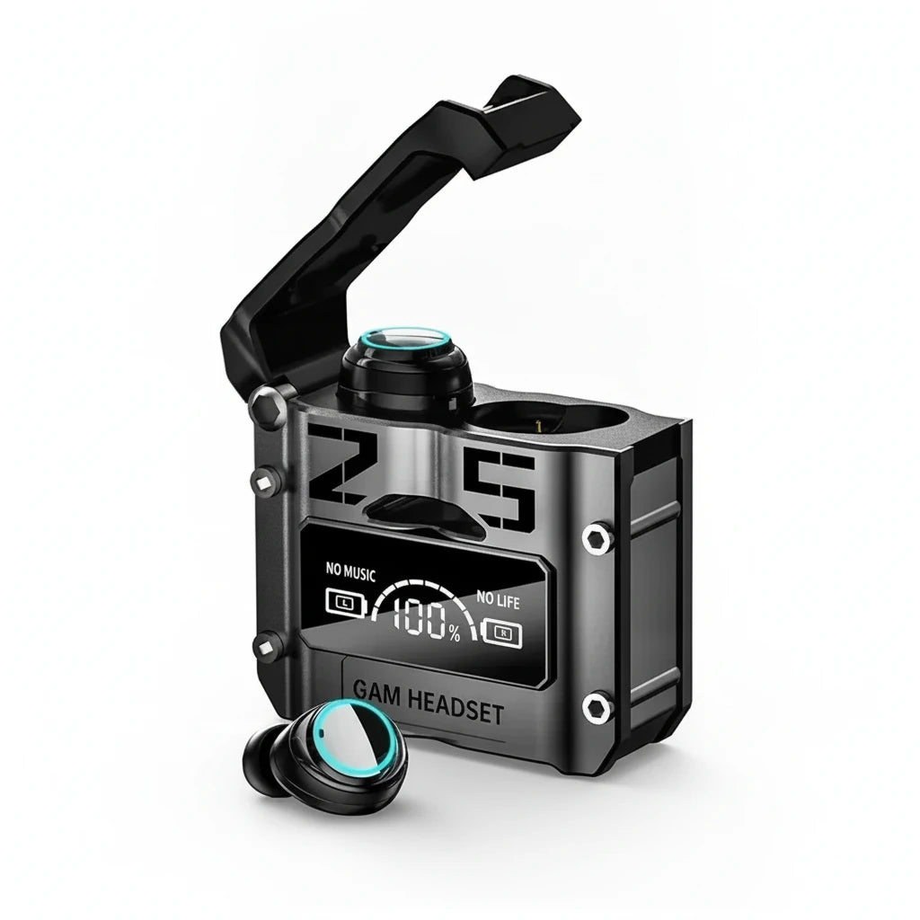 Wireless Gaming Earbuds in charging case showing battery indicator and sleek design