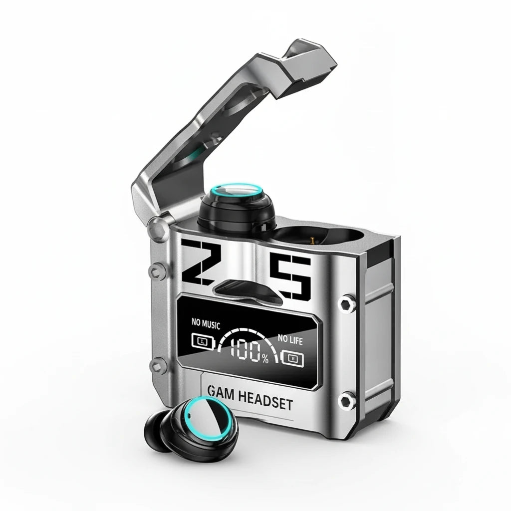 Wireless Gaming Earbuds in charging case showing battery indicator and sleek design