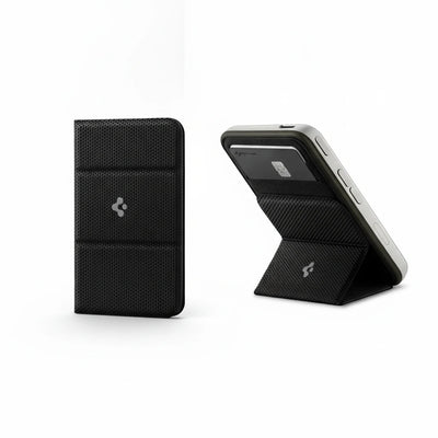  Spigen MagSafe Card Holder in black for carrying cards, designed for compatibility with iPhone.