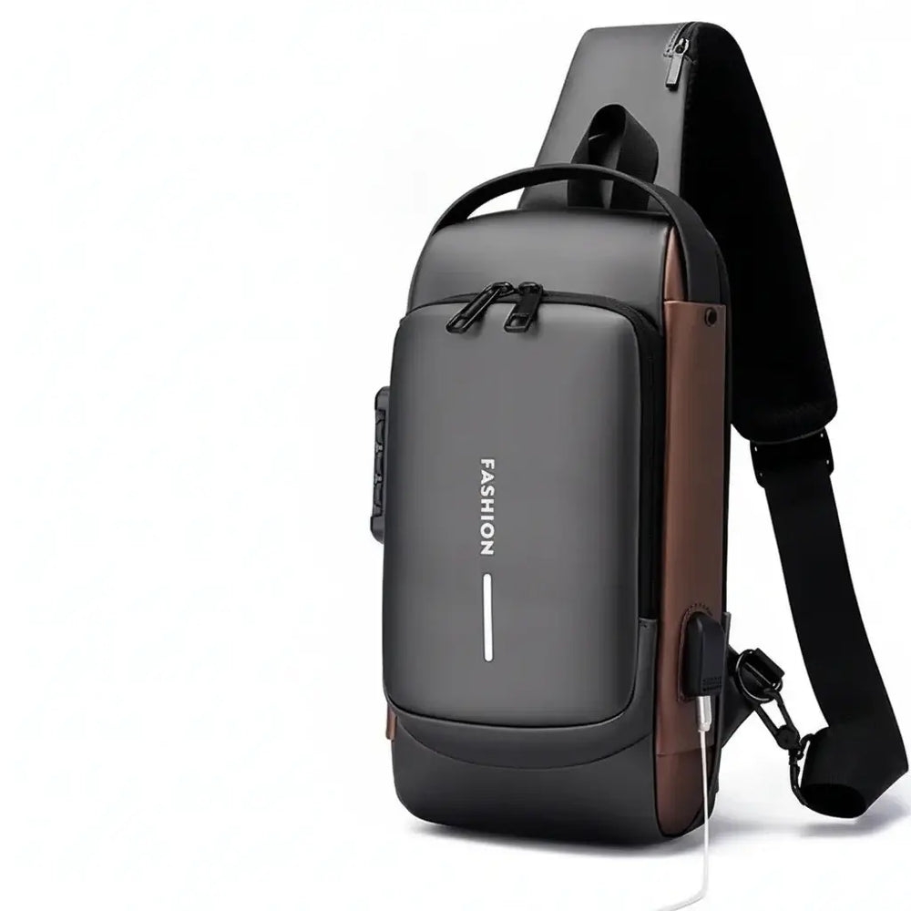 Anti-Theft USB Charging Chest Bag with Security Lock featuring a modern design and USB charging capability.