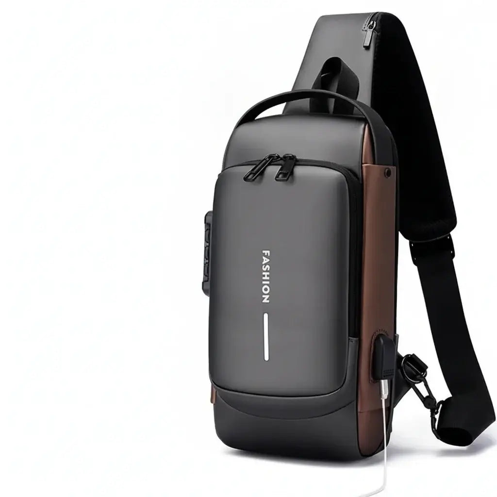 Anti-Theft USB Charging Chest Bag with Security Lock featuring a modern design and USB charging capability.