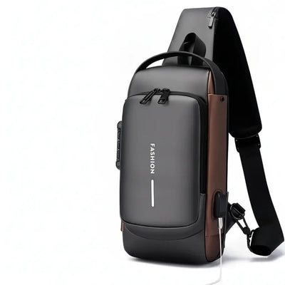 Anti-Theft USB Charging Chest Bag with Security Lock featuring a modern design and USB charging capability.