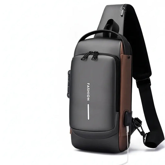 Anti-Theft USB Charging Chest Bag with Security Lock featuring a modern design and USB charging capability.