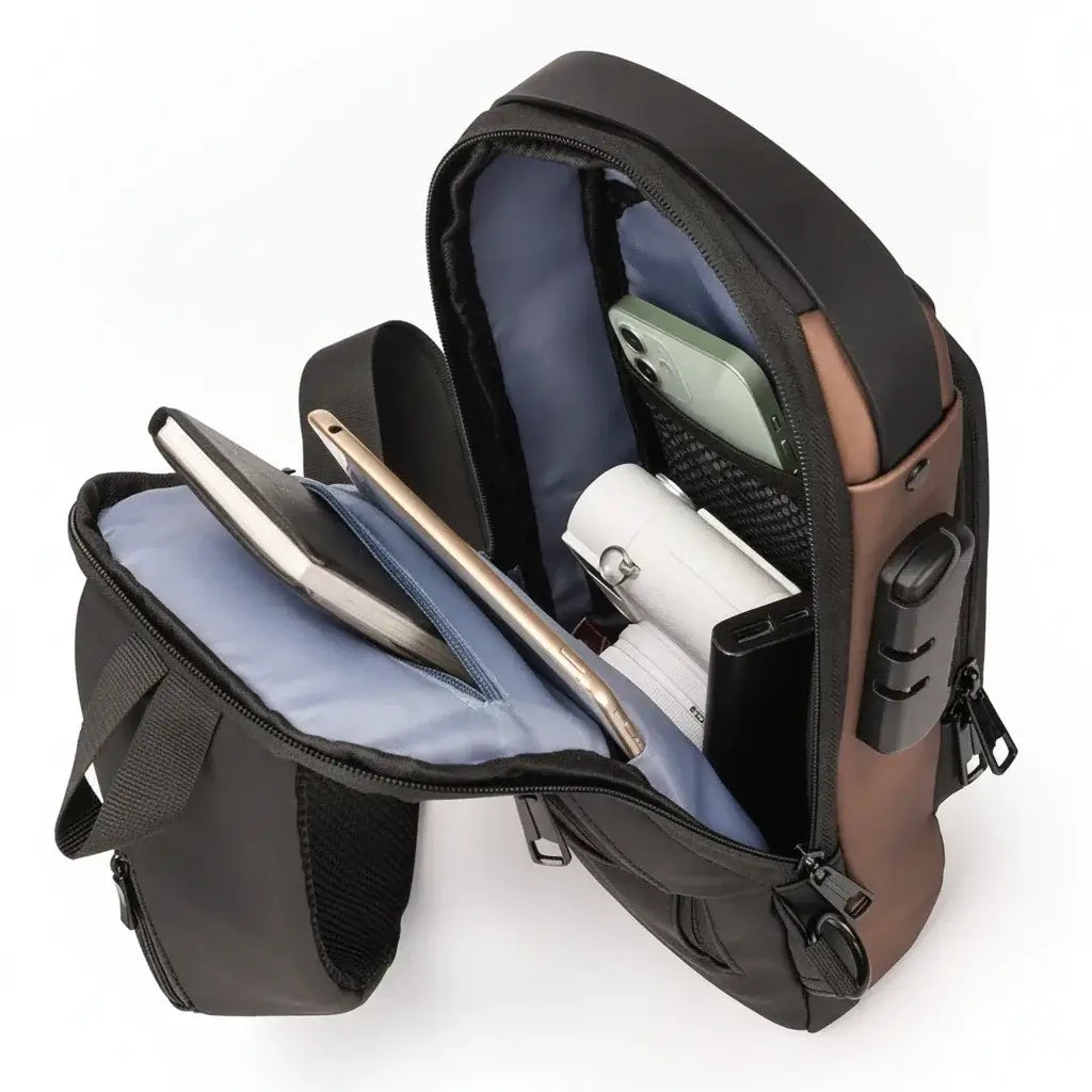  Anti-Theft USB Charging Chest Bag with Security Lock featuring a modern design and USB charging capability.