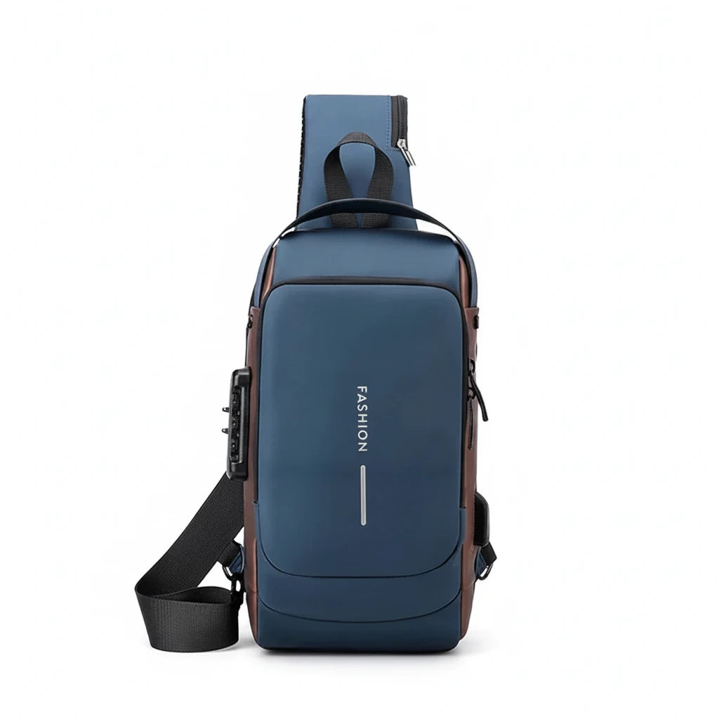  Anti-Theft USB Charging Chest Bag with Security Lock featuring a modern design and USB charging capability.