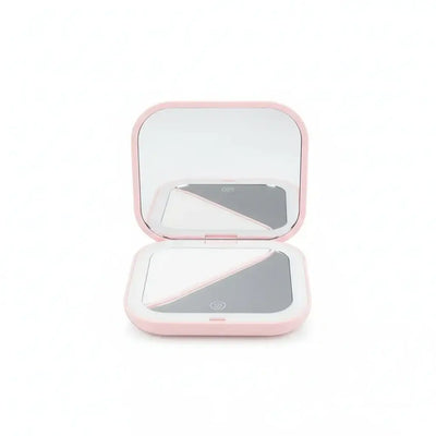  Portable LED Makeup Mirror with magnification, compact and travel-friendly design in pink.