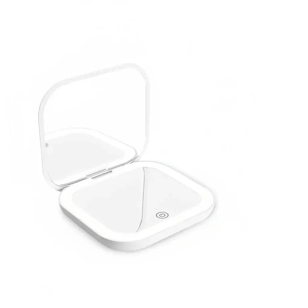  Portable LED Makeup Mirror with magnification, compact and travel-friendly design in pink.