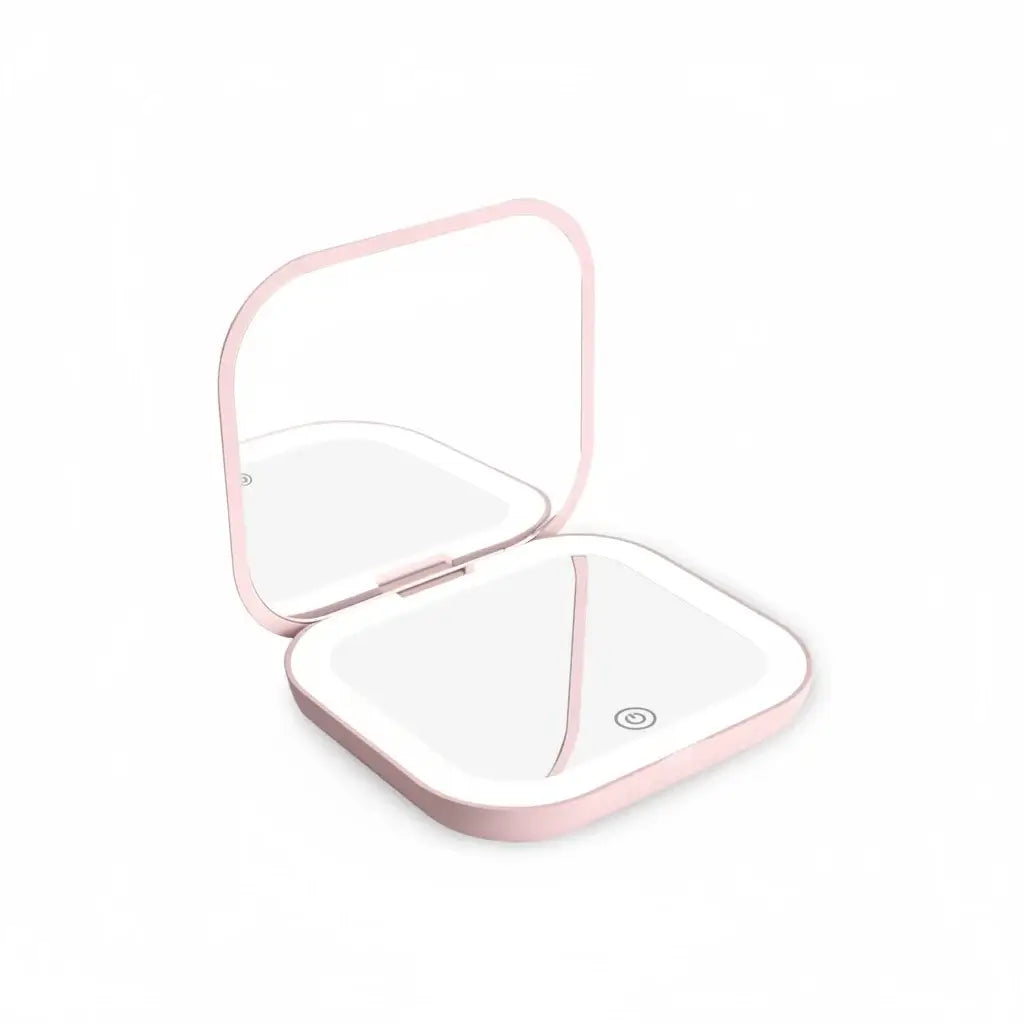  Portable LED Makeup Mirror with magnification, compact and travel-friendly design in pink.