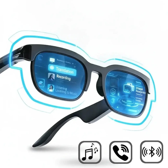AI Smart Glasses displaying translation and audio features for seamless communication and entertainment.