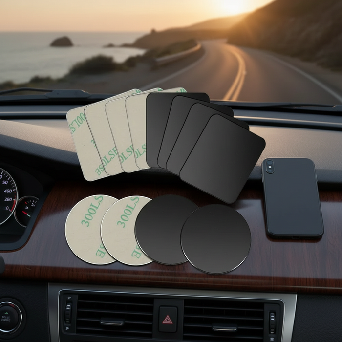 Set of metal mounting plates for Magnetic Car Phone Holder, including various shapes and sizes for universal compatibility.