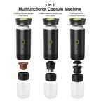 Coffee Maker Self-Heating Espresso Machine with accessories and brewed coffee.
