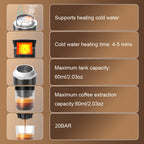 Coffee Maker Self-Heating Espresso Machine with accessories and brewed coffee.