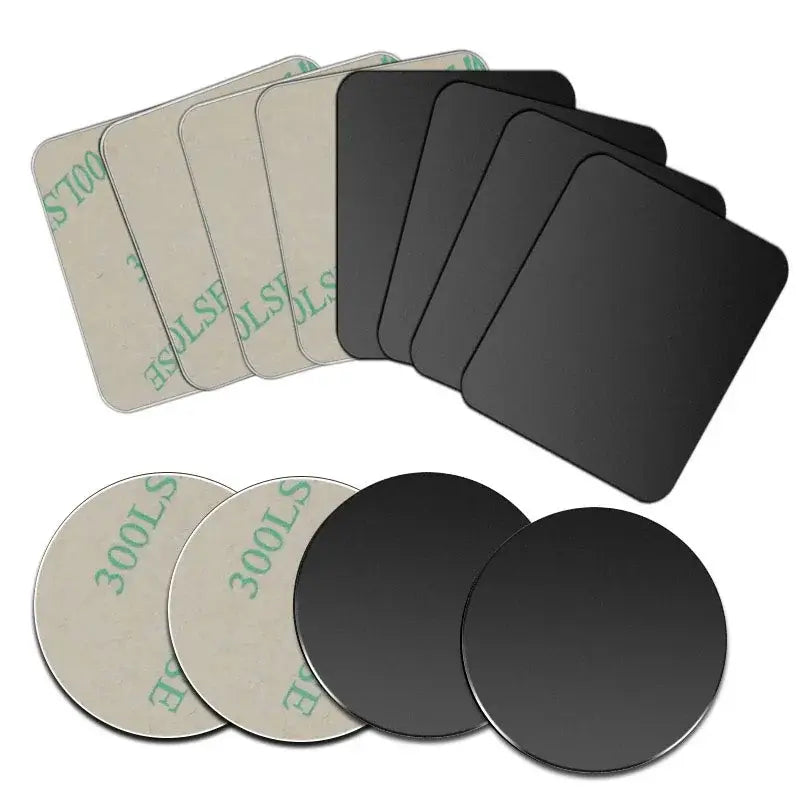 Set of metal mounting plates for Magnetic Car Phone Holder, including various shapes and sizes for universal compatibility.