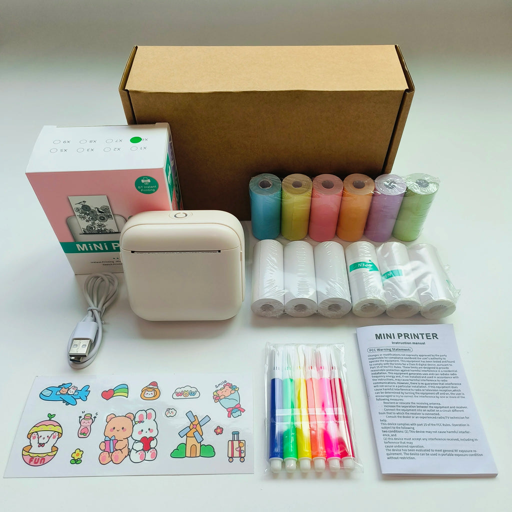 Mini portable printer in various colors surrounded by printed photos showcasing its versatile printing capabilities.