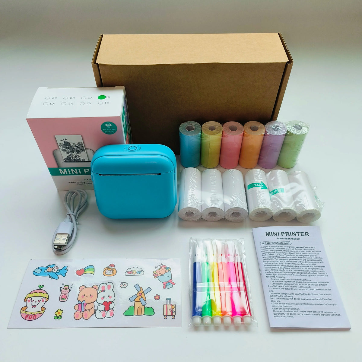 Mini portable printer in various colors surrounded by printed photos showcasing its versatile printing capabilities.