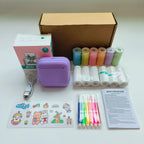 Mini portable printer with accessories including rolls of paper, markers, and packaging for versatile printing needs.