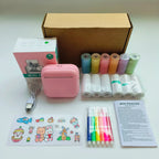 Mini portable printer in various colors surrounded by printed photos showcasing its versatile printing capabilities.