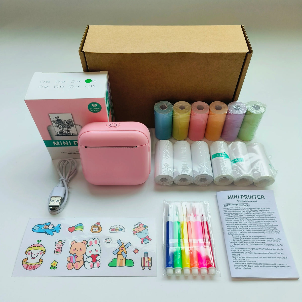 Mini portable printer in various colors surrounded by printed photos showcasing its versatile printing capabilities.