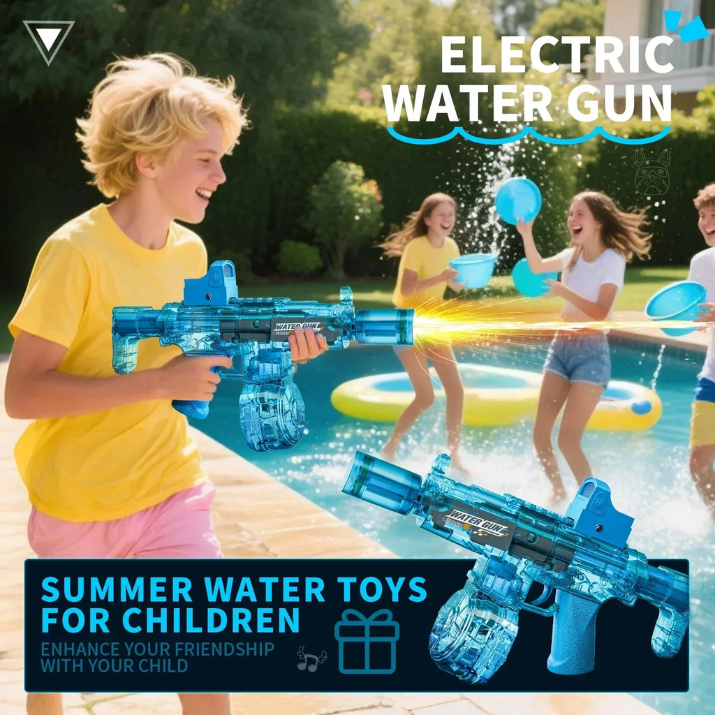 Simulated Recoil Electric Water Gun in action, great for summer fun and perfect for children.