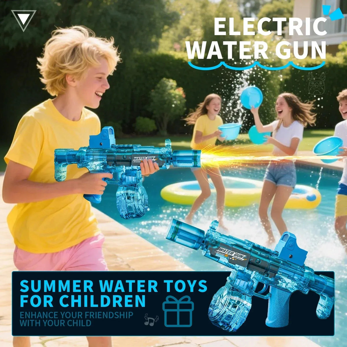 Simulated Recoil Electric Water Gun in action, great for summer fun and perfect for children.
