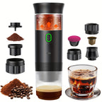 Coffee Maker Self-Heating Espresso Machine with accessories and brewed coffee.