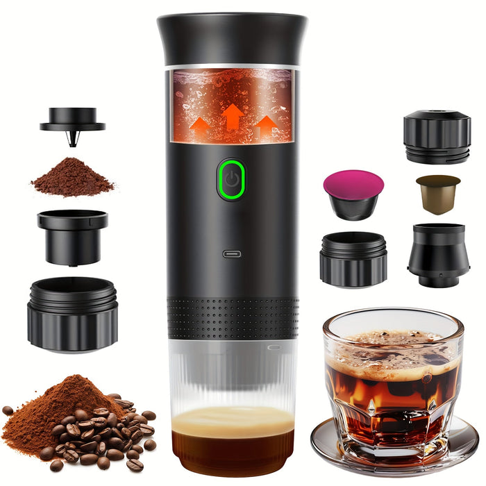 Coffee Maker Self-Heating Espresso Machine with accessories and brewed coffee.