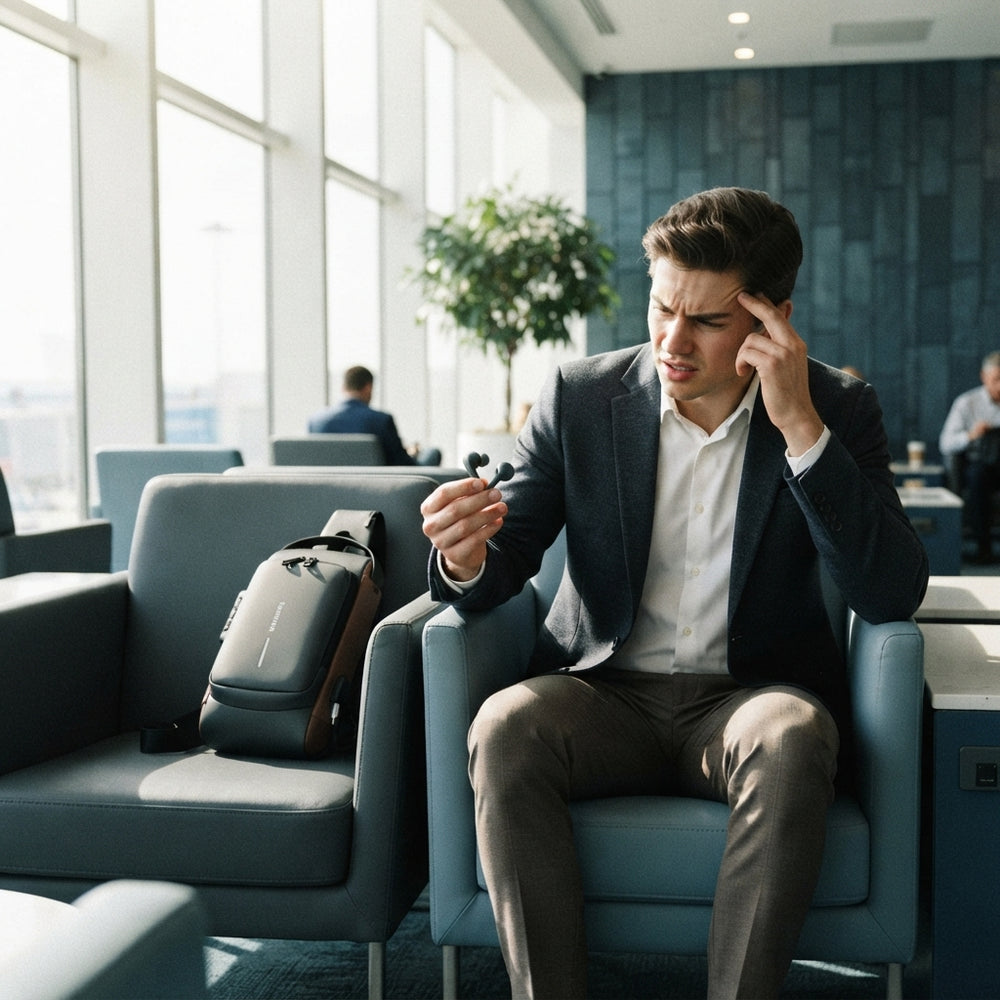 A frustrated traveler in an airport lounge holding dead wireless earbuds with a chest bag sitting on the chair nearby.