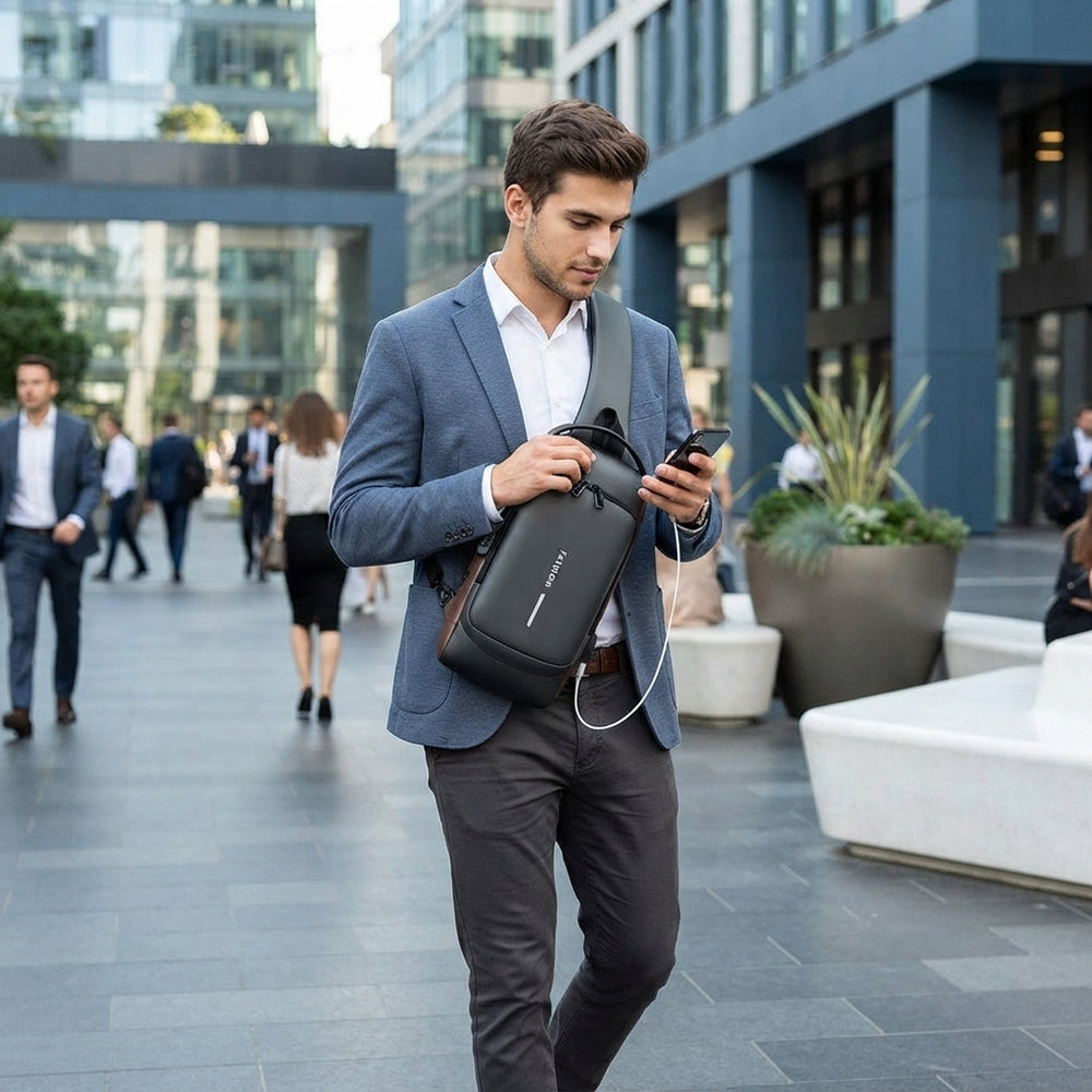 A person wearing a sleek anti-theft chest bag with a visible USB charging cable while walking in a city.