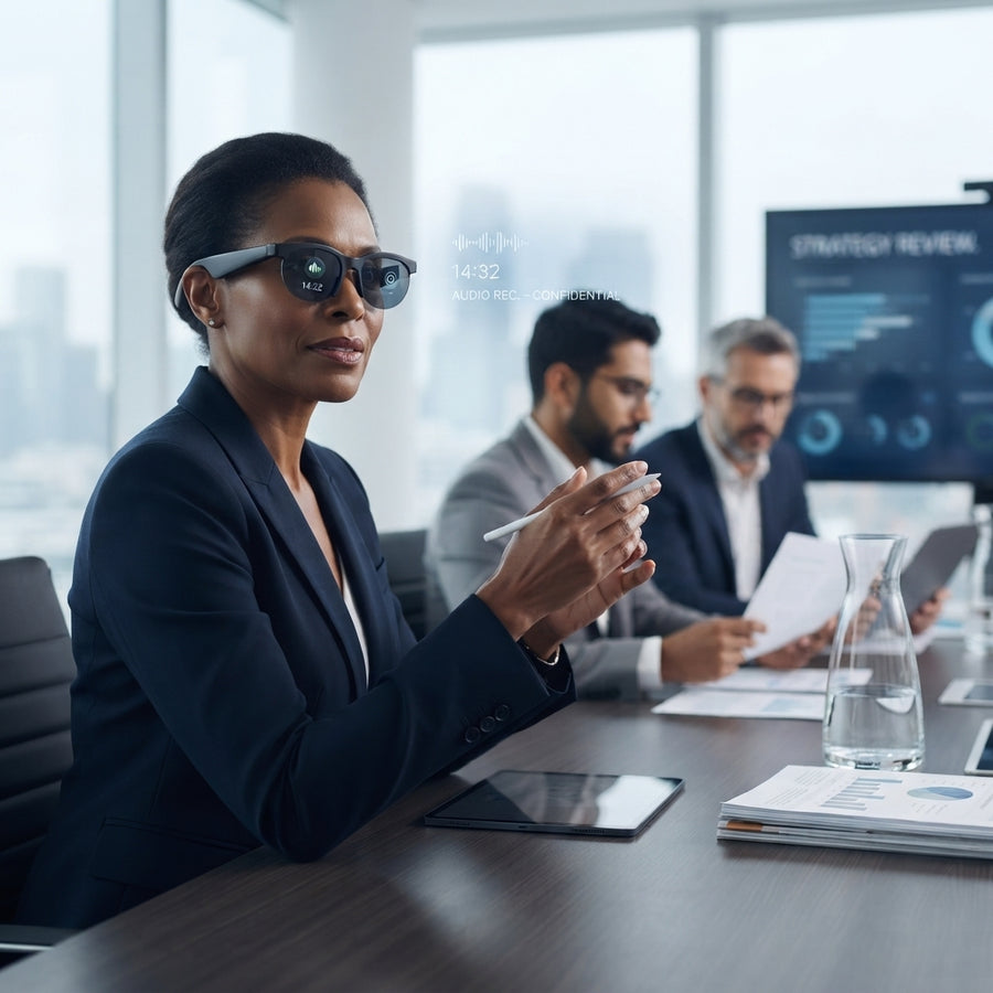 A professional wearing AI smart glasses in a boardroom, illustrating high-fidelity audio recording during a business meeting.