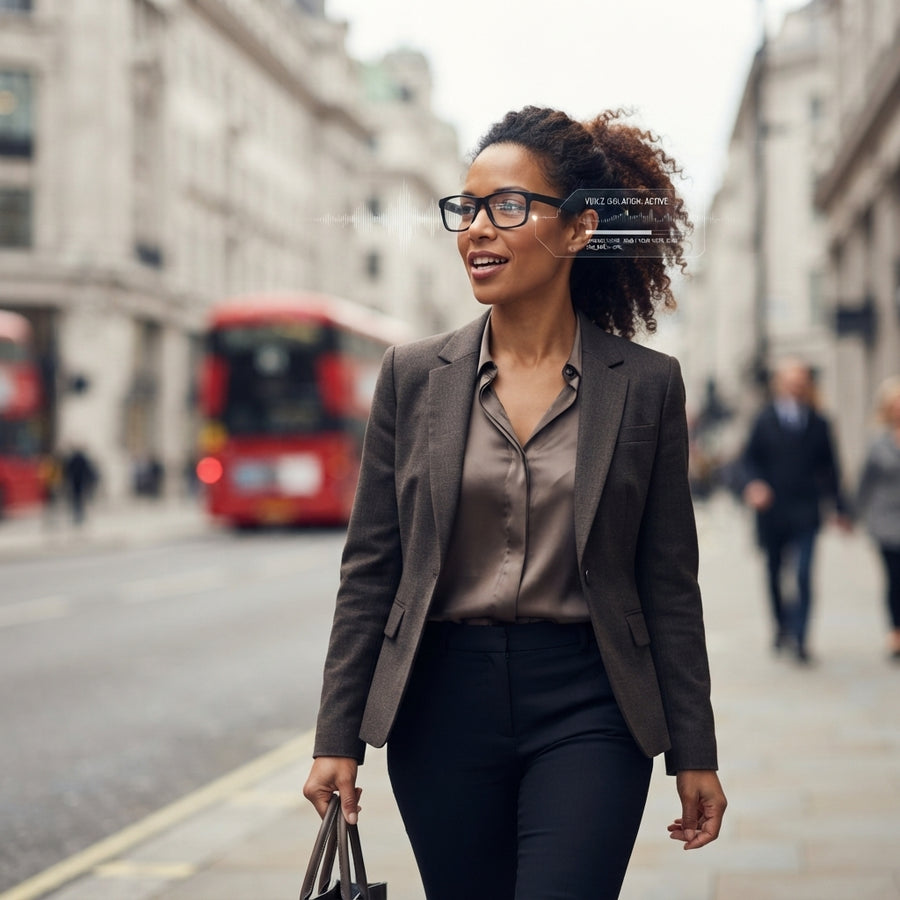 A woman wearing smart glasses walking on a busy London street, representing clear communication through noise-filtering techn